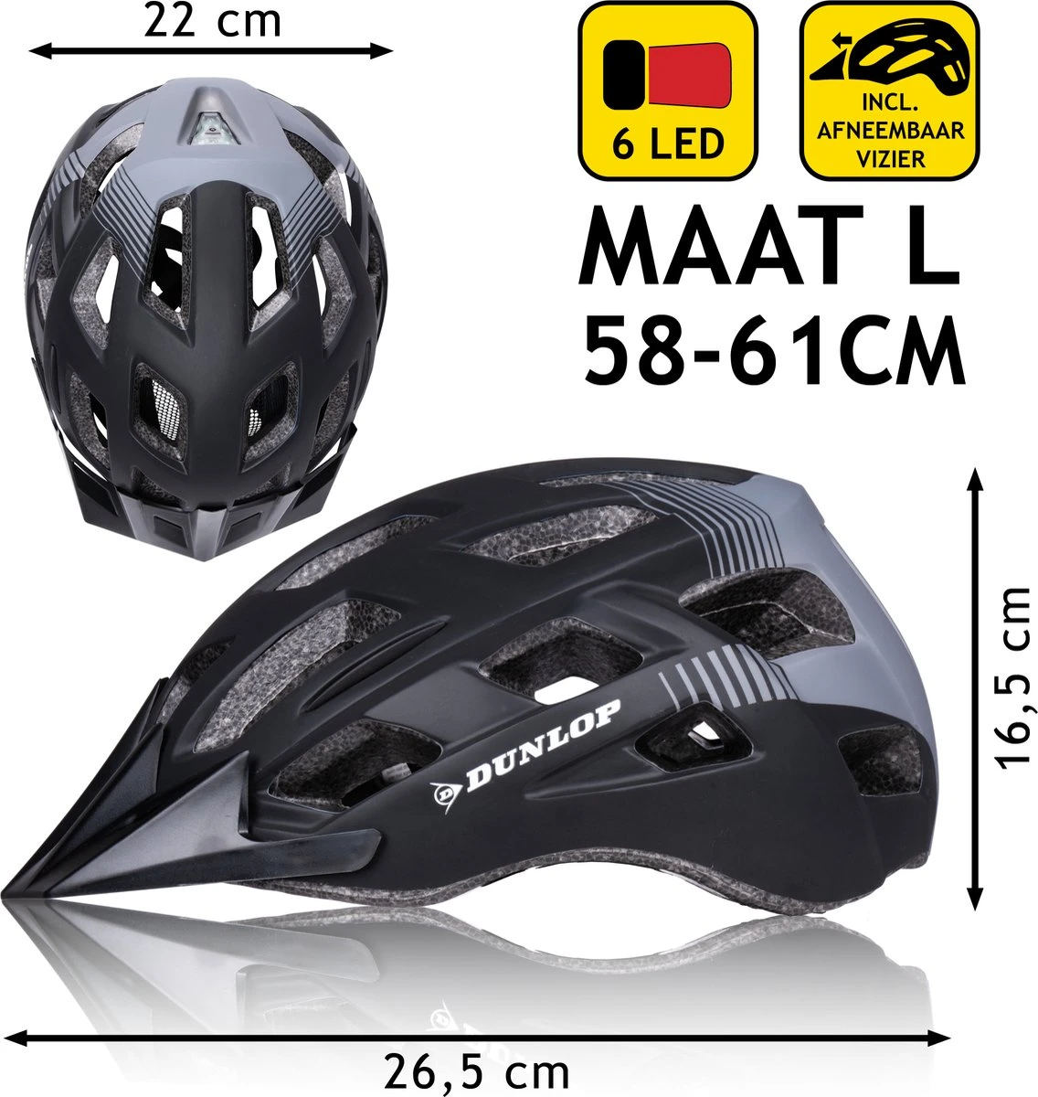 Dunlop Fietshelm - Verstelbaar Van 58 Tot 61 CM - Maat L - Met LED-Verlichting - 3 Lichtmodus - Zwart 2 Dunlop Fietshelm - Verstelbaar Van 58 Tot 61 CM - Maat L - Met LED-Verlichting - 3 Lichtmodus - Zwart - Afbeelding 2