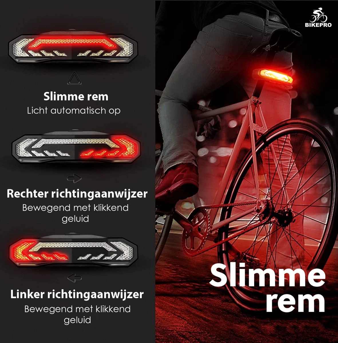BikePro Fiets Achterlicht 2.0 Met Alarm En Richtingaanwijzer - IP54 Waterdicht - USB Oplaadbaar 2 BikePro Fiets Achterlicht 2.0 Met Alarm En Richtingaanwijzer - IP54 Waterdicht - USB Oplaadbaar - Afbeelding 2