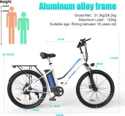 HITWAY Elektrische Fiets Voor Volwassenen | Ebikes Fietsen Stadsfiets | 250W 36V Motor | 7 VERSNELLINGSSYSTEE | 26 Inch - Wit -Fietsuitrustings Winkel 1200x1117