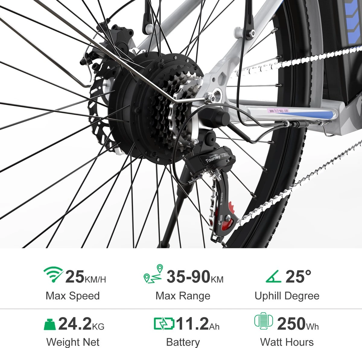 HITWAY Elektrische Fiets, 26 Inch, 250 W Motor, Li-batterij 36 V/11,2 Ah Ebike, Shimano 7 Versnellingen, Tot 35-90 Km 3 HITWAY Elektrische Fiets, 26 Inch, 250 W Motor, Li-batterij 36 V/11,2 Ah Ebike, Shimano 7 Versnellingen, Tot 35-90 Km - Afbeelding 3
