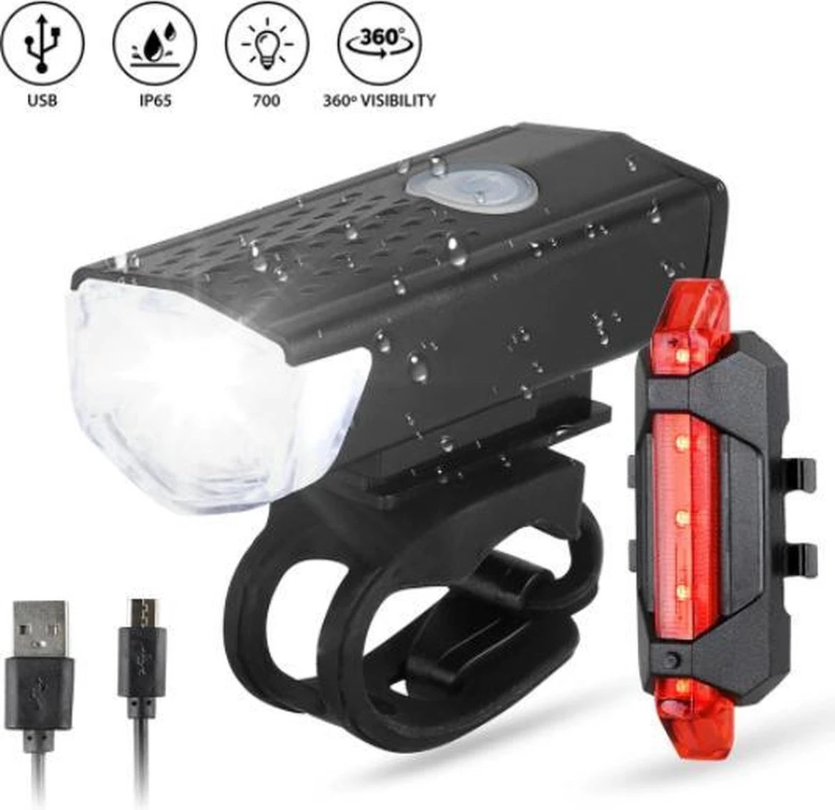 Waterdichte Oplaadbare Fietslamp Voor En Achter - 300 Lumen - Superfelle Fietsverlichting Met USB-kabel - Combi Deal 1 Waterdichte Oplaadbare Fietslamp Voor En Achter - 300 Lumen - Superfelle Fietsverlichting Met USB-kabel - Combi Deal
