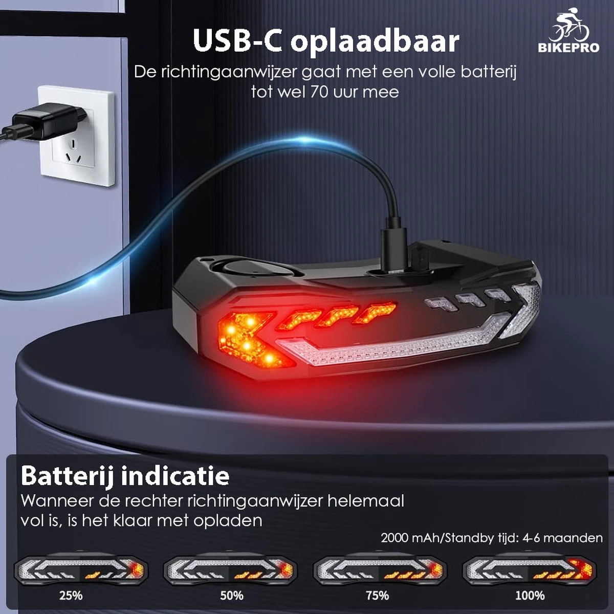 BikePro Fiets Achterlicht 2.0 Met Alarm En Richtingaanwijzer - IP54 Waterdicht - USB Oplaadbaar 3 BikePro Fiets Achterlicht 2.0 Met Alarm En Richtingaanwijzer - IP54 Waterdicht - USB Oplaadbaar - Afbeelding 3