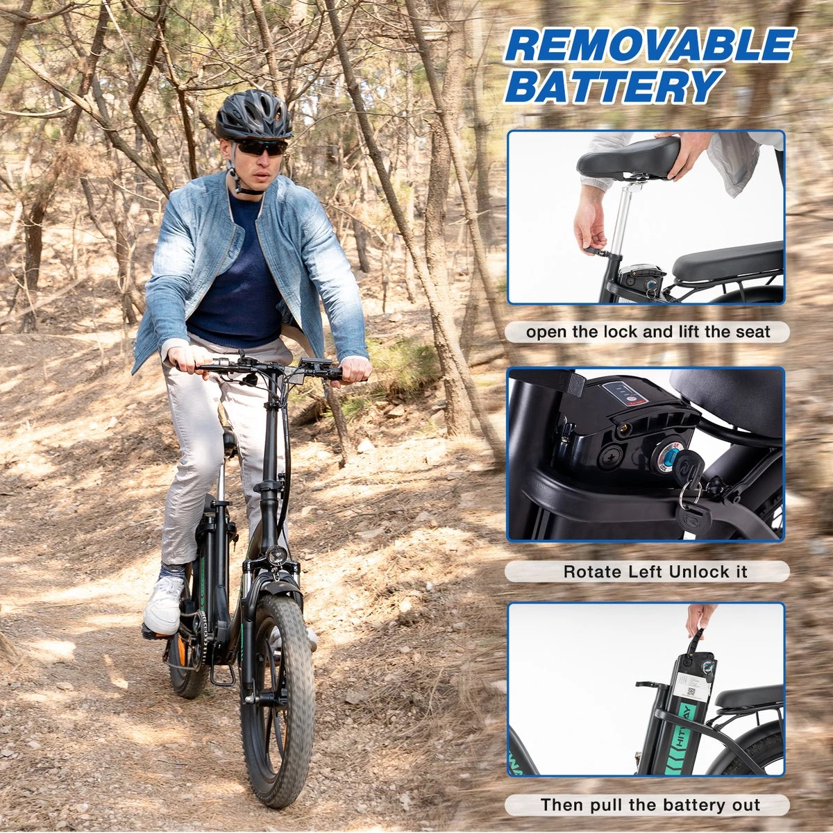 HITWAY E-Bike Elektrische Fiets 20 Inch Fat Tire E-Bicycle Vouwfiets, 250 W, 11,2 Ah Accu, Max. Bereik Tot 35-90 Km, Offroad-mountainbike Met Shimano 7-versnellingen, City EBike Met Slot,Groen Zwart 8 HITWAY E-Bike Elektrische Fiets 20 Inch Fat Tire E-Bicycle Vouwfiets, 250 W, 11,2 Ah Accu, Max. Bereik Tot 35-90 Km, Offroad-mountainbike Met Shimano 7-versnellingen, City EBike Met Slot,Groen Zwart - Afbeelding 8